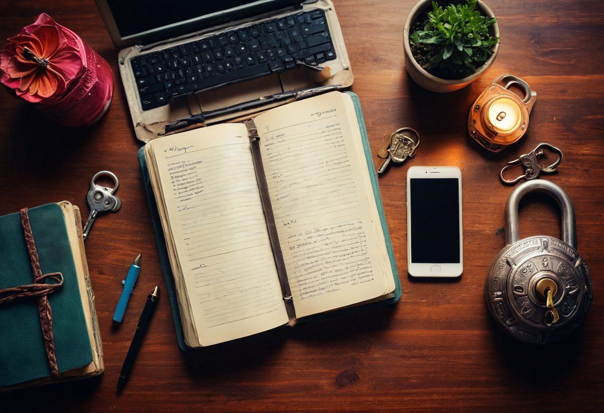A serene workspace featuring a vintage diary adorned with a lock, surrounded by digital devices like a laptop and tablet. The background showcases a soft, warm glow suggesting comfort and creativity, with elements of digital security like a shield and padlock subtly integrated. The image conveys a blend of traditional and digital journaling, inspiring a sense of mindfulness and safety. vibrant colors. super-realistic.