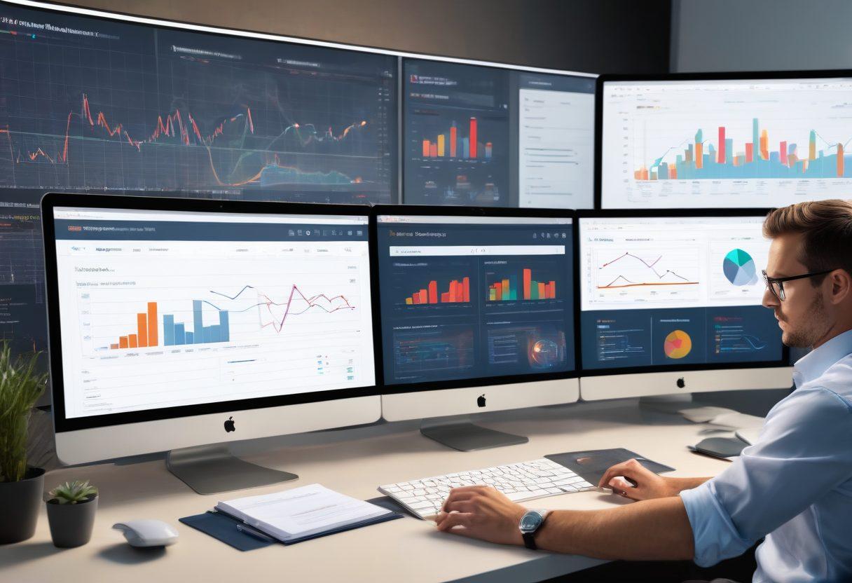 A digital workspace featuring a focused blogger reviewing web content on multiple screens, with graphs and analytics displayed on the walls. Include elements like a magnifying glass symbolizing scrutiny, checklists for compliance, and notepads with risk management strategies. The atmosphere should evoke a sense of professionalism and diligence, blending technology and creativity. super-realistic. vibrant colors. modern design.
