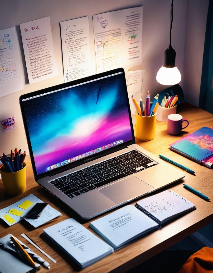 A sleek digital diary glowing on a modern desk, surrounded by vibrant sketches of blog designs and innovative ideas floating in the air. Include elements like a confident figure typing on a laptop, with inspiring quotes and vivid colors illuminating the scene. Capture the essence of creativity and empowerment in the blogosphere. super-realistic. vibrant colors. 3D.